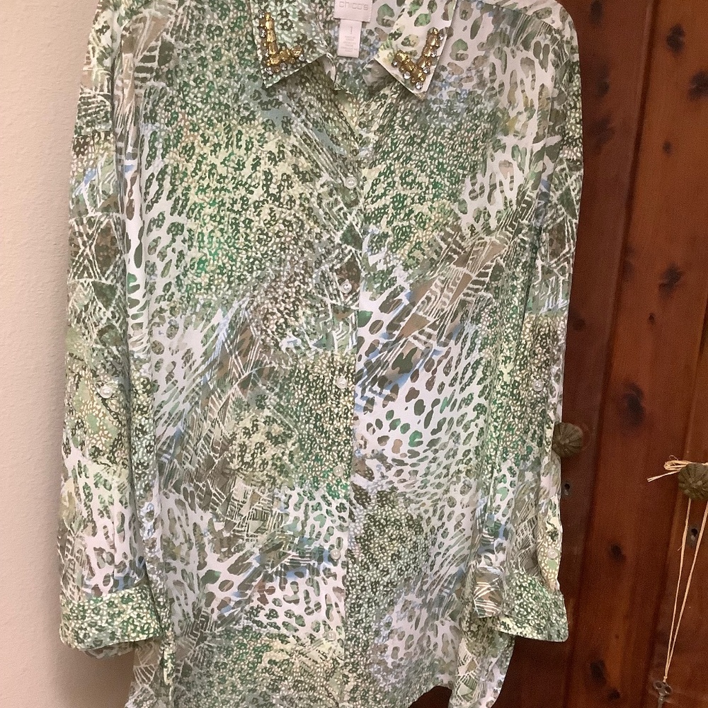 Chicos Animal Print Blouse/ Tunic Jeweled Collar Size 1